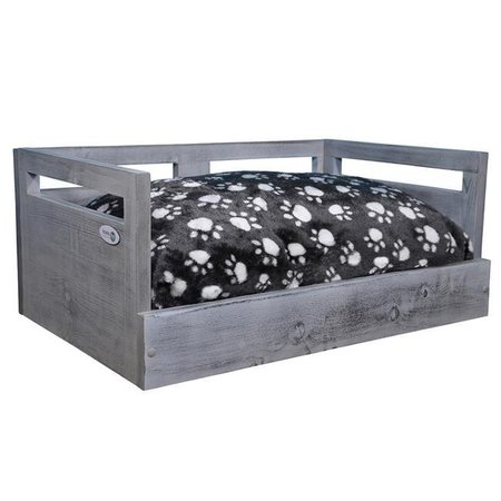 ICONIC PET LLC Iconic Pet 52059 Sassy Paws Wooden Pet Bed with Paw Printed Comfy Cushion; Antique Gray - Large 52059